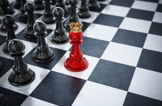 Red chess pawn wearing a crown standing in front of black chess pieces. 3D illustration.