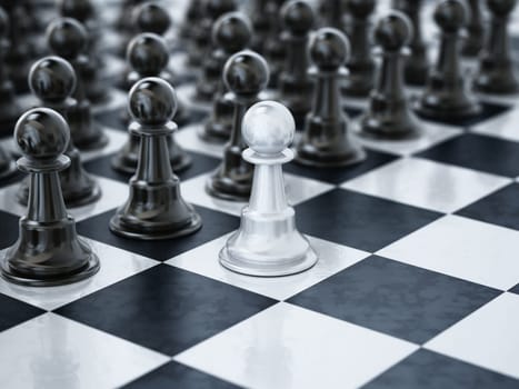 White chess pawn standing one square ahead of black chess pieces. 3D illustration.