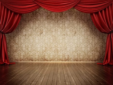 Theater stage with red curtain and parquet ground. 3D illustration.