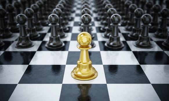 Gold chess pawn standingin front of black chess pieces. 3D illustration.