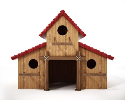 Three bird houses assembled together forming one big birdhouse. 3D illustration.