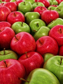 Stack of fresh green and red apples. 3D illustration.