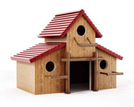 Three bird houses assembled together forming one big birdhouse. 3D illustration.