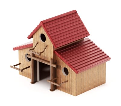 Three bird houses assembled together forming one big birdhouse. 3D illustration.