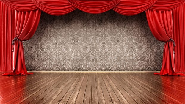 Theater stage with red curtain and parquet ground. 3D illustration.