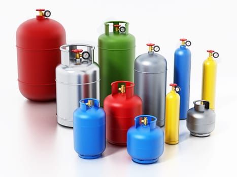 Multi-colored gas cylinders isolated on white background. 3D illustration.