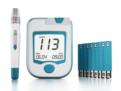 Blood glucose meter with strips isolated on white background. 3D illustration.
