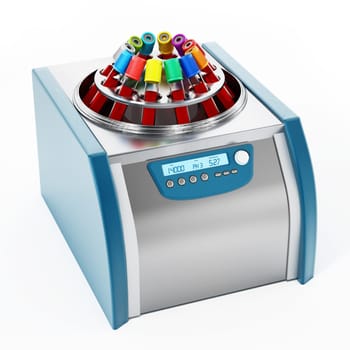 Blood centrifuge machine with test tubes full of blood samples. 3D illustration.