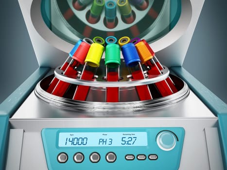 Blood centrifuge machine with test tubes full of blood samples. 3D illustration.