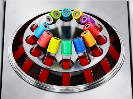 Blood centrifuge machine with test tubes full of blood samples. 3D illustration.