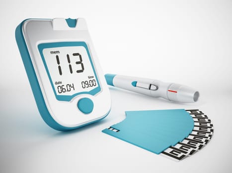 Blood glucose meter with strips isolated on white background. 3D illustration.