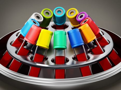 Blood centrifuge machine with test tubes full of blood samples. 3D illustration.