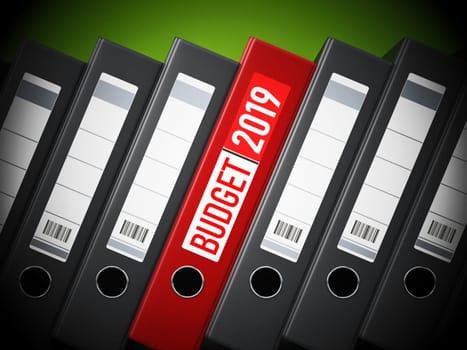 Red 2019 budget folder between black folders. 3D illustration.