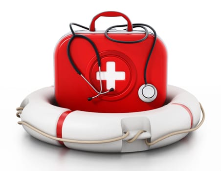 First aid kit standing on life saver. 3D illustration.