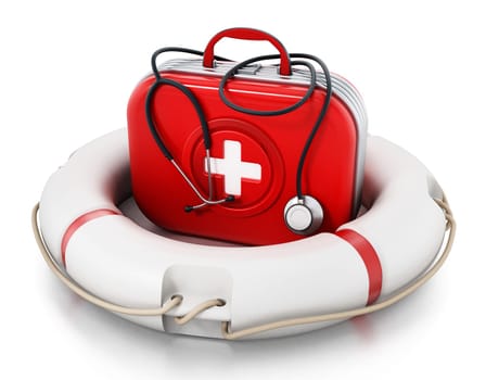 First aid kit standing on life saver. 3D illustration.