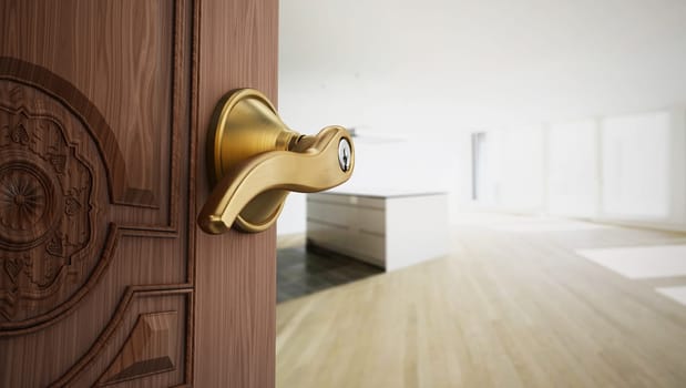 Half open apartment door opening to empty room. 3D illustration.