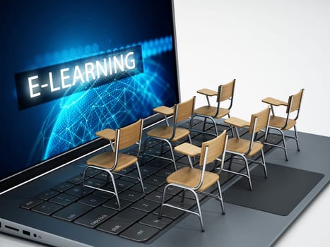 Student chairs standing on laptop computer. 3D illustration.