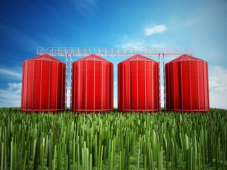 Agriculture grain silos on grass under blue sky. 3D illustration.