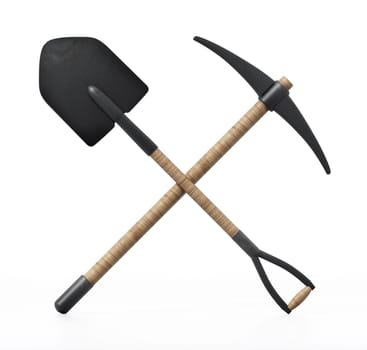 Shovel and pick axe isolated on white background. 3D illustration.