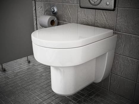 Modern toilet inside restroom covered with gray stones. 3D illustration.