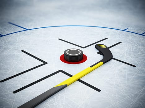 Ice hockey stick and puck on scratched ice background. 3D illustration.