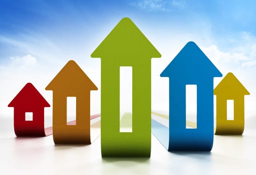 Rising house prices chart on white background. 3D illustration.