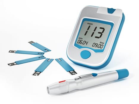 Blood glucose meter with strips isolated on white background. 3D illustration.
