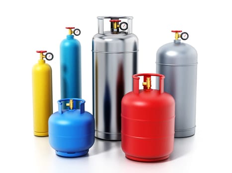 Multi-colored gas cylinders isolated on white background. 3D illustration.