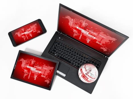 Laptop computer, tablet PC and smartphone. Online marketing concept.