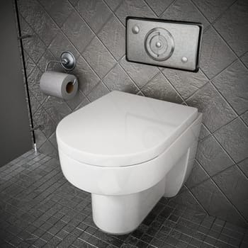 Modern toilet inside restroom covered with gray stones. 3D illustration.