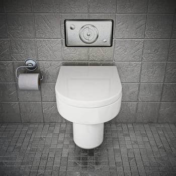 Modern toilet inside restroom covered with gray stones. 3D illustration.
