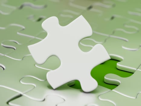 Jigsaw puzzle piece standing next to the missing part hole. 3D illustration.