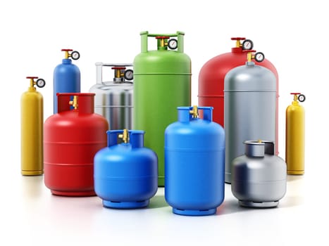 Multi-colored gas cylinders isolated on white background. 3D illustration.
