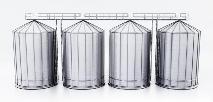 Corrugated steel grain silos isolated on white background. 3D illustration.