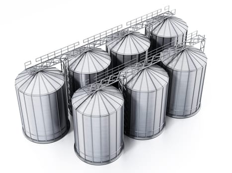 Corrugated steel grain silos isolated on white background. 3D illustration.