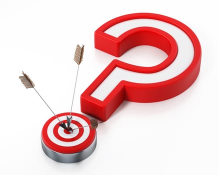 Arrows hit on target forming a question mark. 3D illustration.