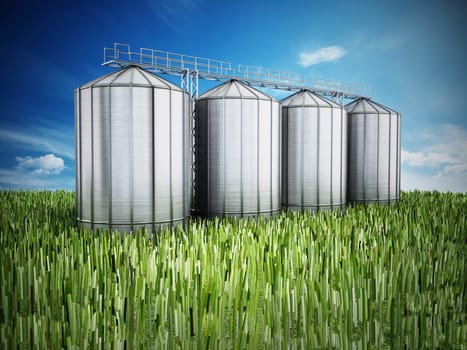 Agriculture grain silos on grass under blue sky. 3D illustration.