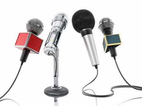 Aligned news microphones isolated on white background. 3D illustration.