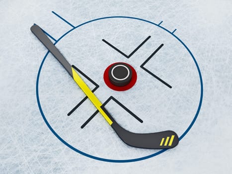 Ice hockey stick and puck on scratched ice background. 3D illustration.