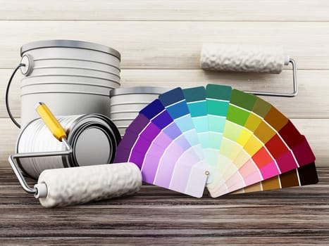 Paint cans, roller and paint cartela standing on old wooden floor. 3D illustration.