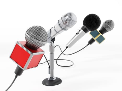 Aligned news microphones isolated on white background. 3D illustration.