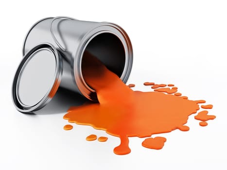 Open metal paint can with spilled orange paint.. 3D illustration.