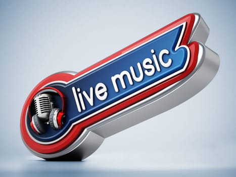 Live music banner with vintage microphone. 3D illustration.
