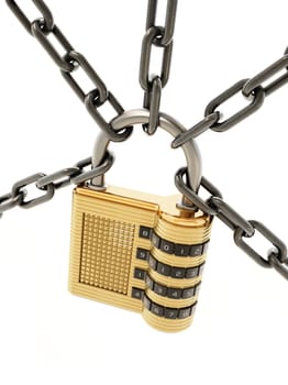 Chained padlock isolated on white background. 3D illustration.