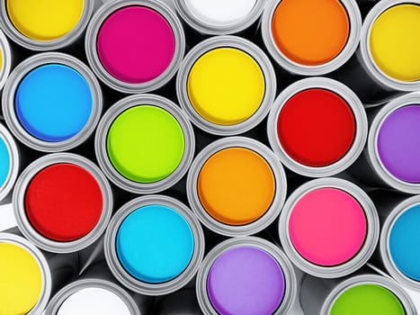Vibrant colored paint cans background. 3D illustration.