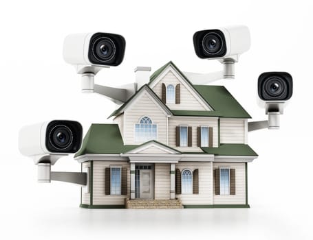 House protected with CCTV surveillance cameras. 3D illustration.