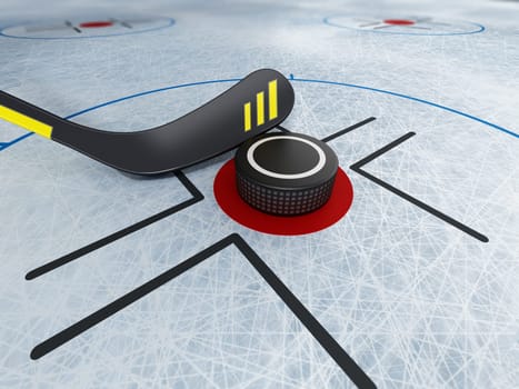 Ice hockey stick and puck on scratched ice background. 3D illustration.