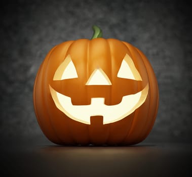 Lit Halloween pumpkin with a funny smiling face. 3D illustration.