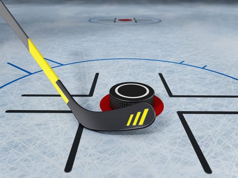 Ice hockey stick and puck on scratched ice background. 3D illustration.