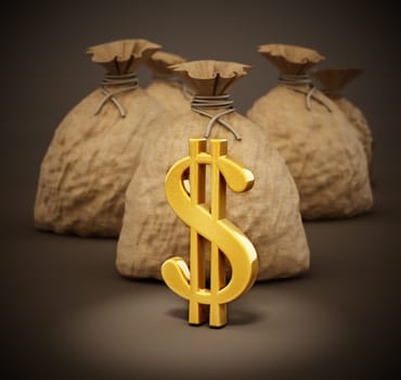 Money sacks with gold dollar icons. 3D illustration.